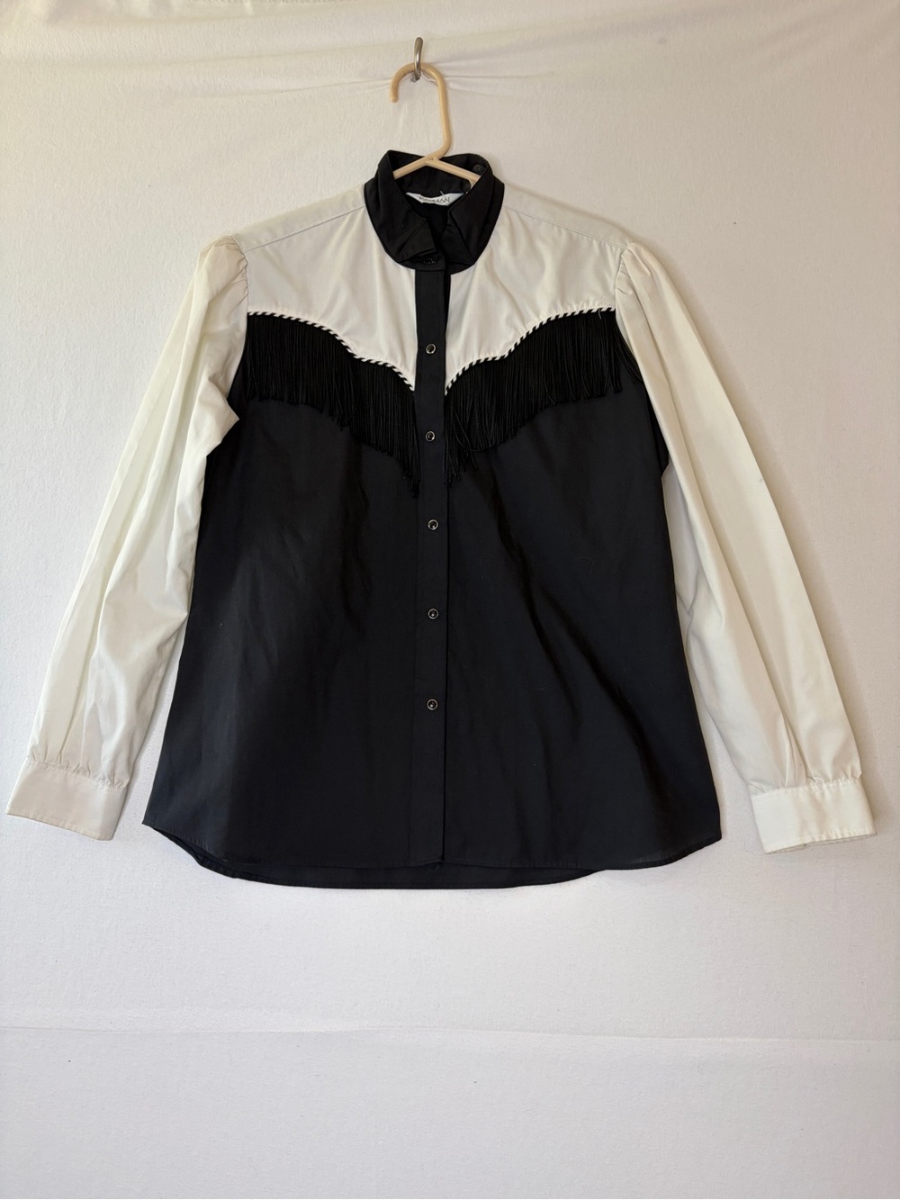 Vintage 80s Karman Black & Cream Fringe Western Pearl Snap Shirt Made in USA